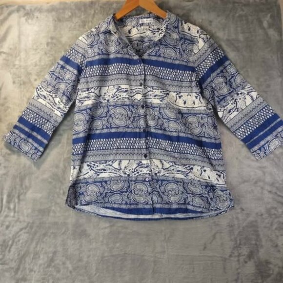Rebecca Malone Blue White Paisley Cotton Button Top S Coastal Classi Soft Boho - Picture 1 of 8